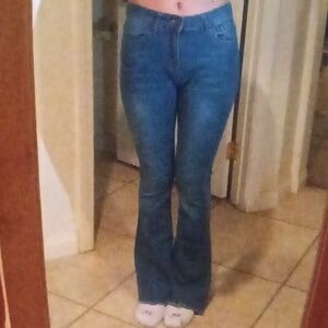 Blue red bottoms flared jeans